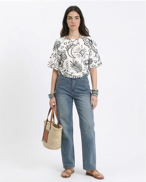 Ravin Celestial & Botanical Print Tied Tee - White & Black - R209835