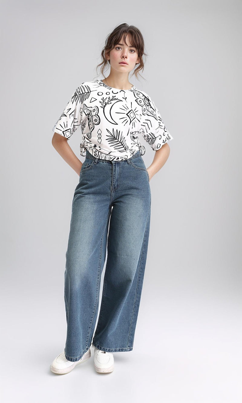 R209835 - Patterned Elbow Sleeves Summer Tee - White & Black