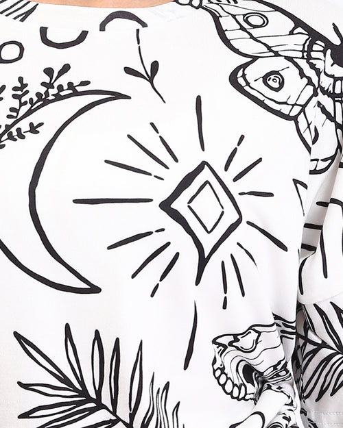 Ravin Celestial & Botanical Print Tied Tee - White & Black - R209835