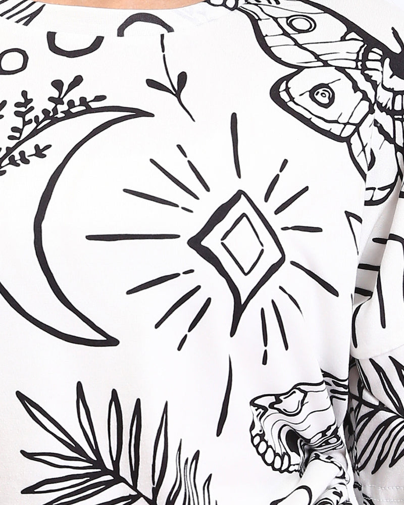 Ravin Celestial & Botanical Print Tied Tee - White & Black - R209835