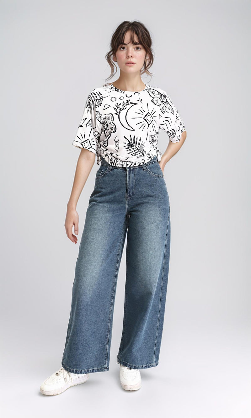 R209835 - Patterned Elbow Sleeves Summer Tee - White & Black