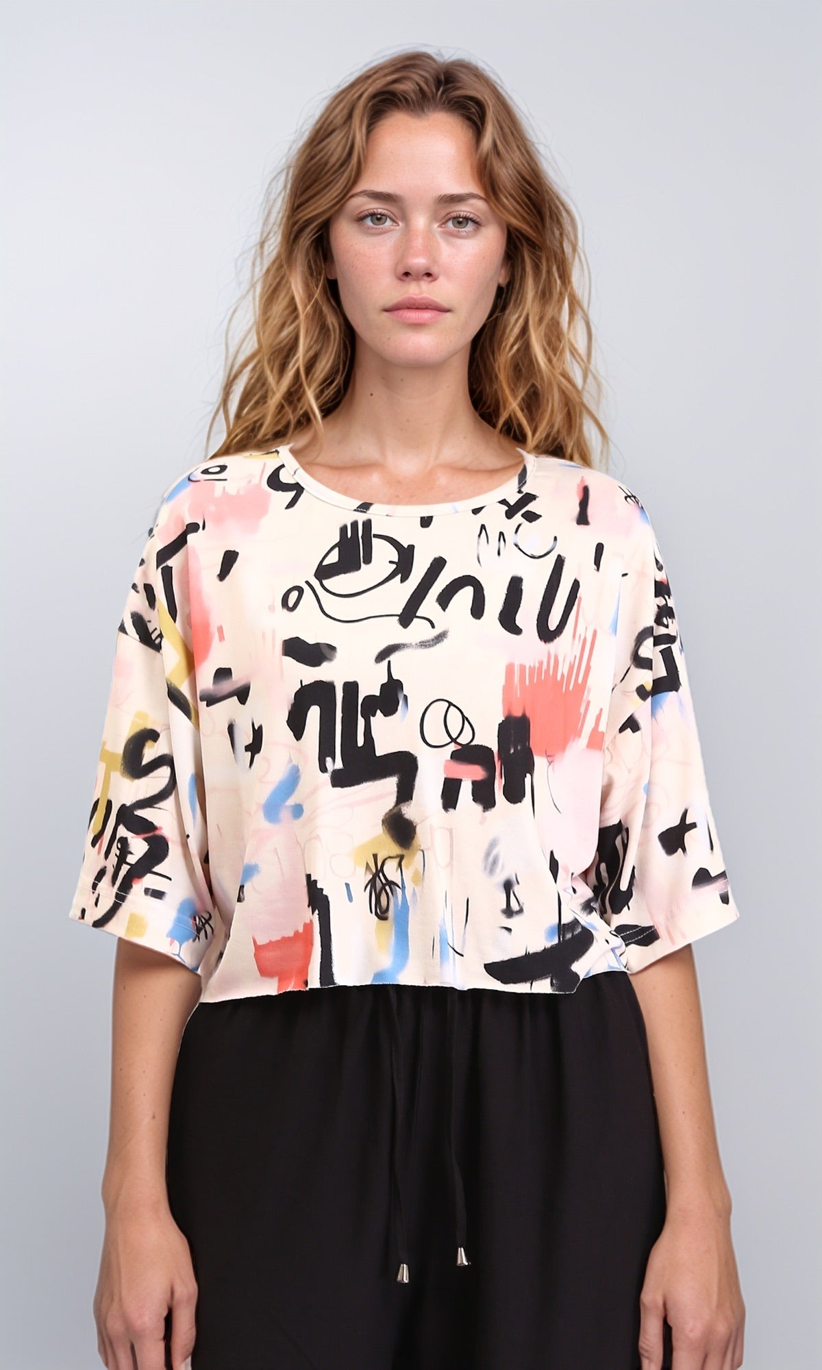 Patterned Elbow Sleeves Relaxed Tee - Multicolor