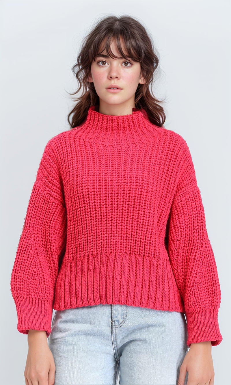 R209877 - High-Neck Chunky Knit Pullover - Fuchsia