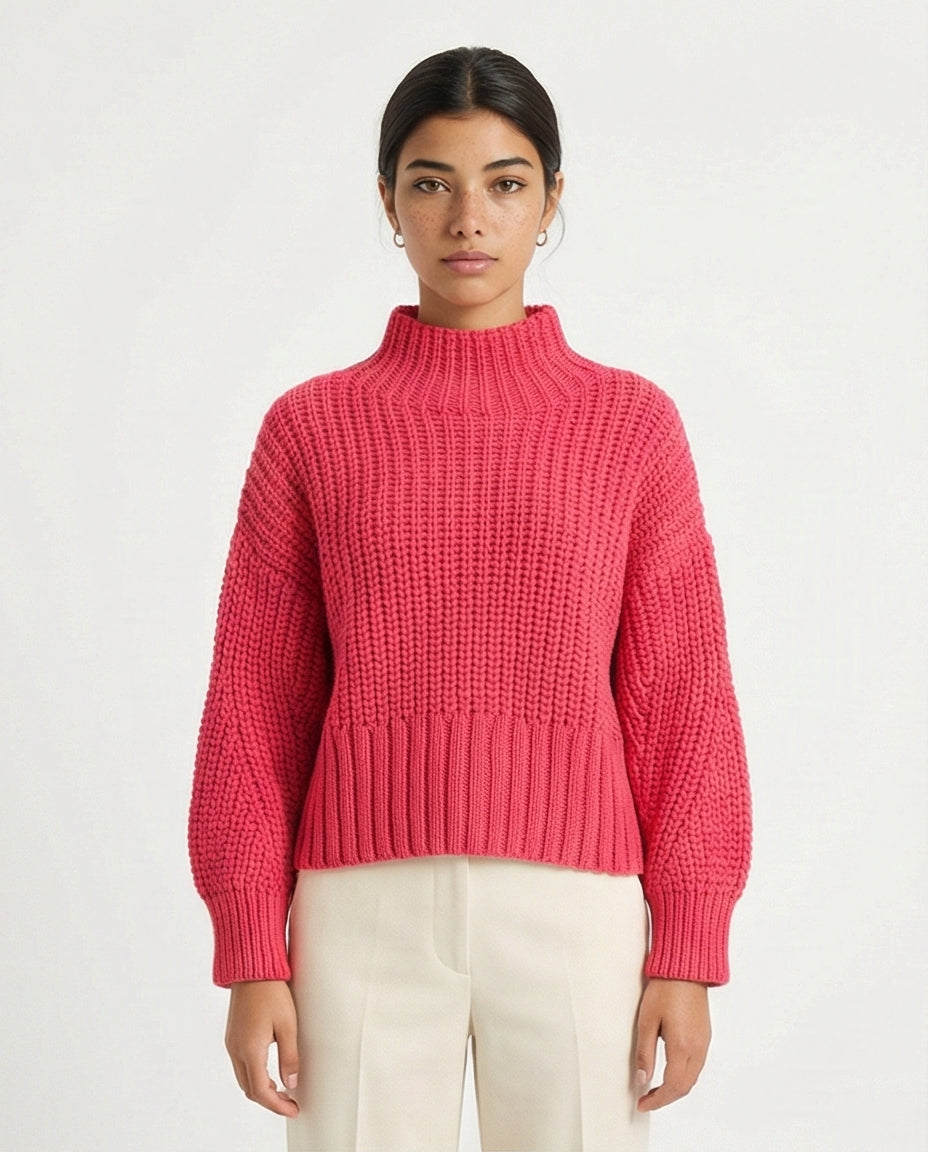 High-Neck Chunky Knit Pullover - Fuchsia