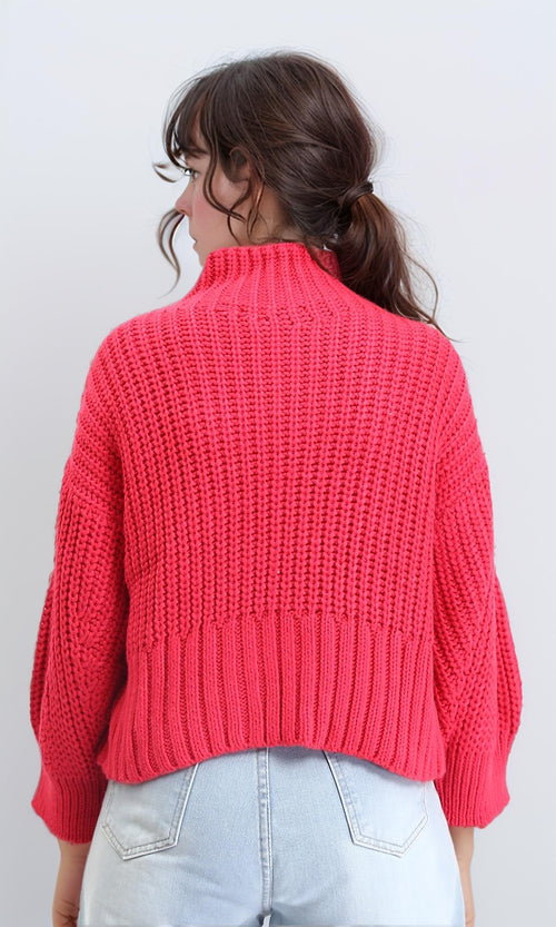 R209877 - High-Neck Chunky Knit Pullover - Fuchsia