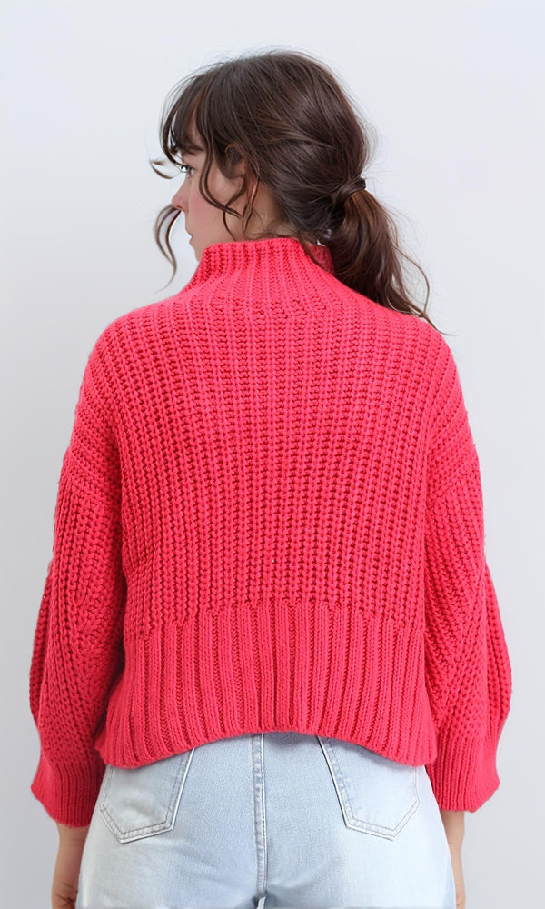 R209877 - High-Neck Chunky Knit Pullover - Fuchsia