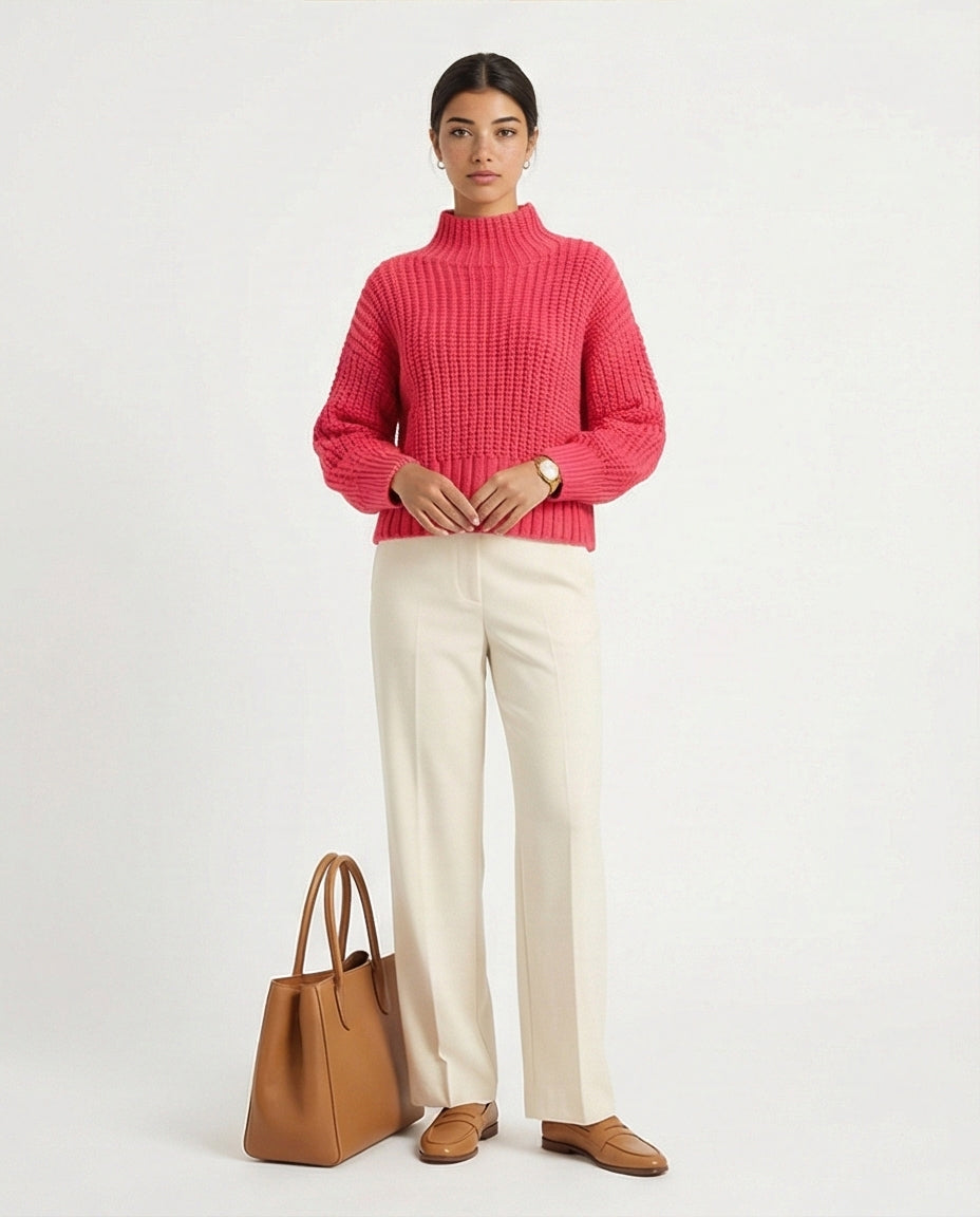 R209877 - High-Neck Chunky Knit Pullover - Fuchsia