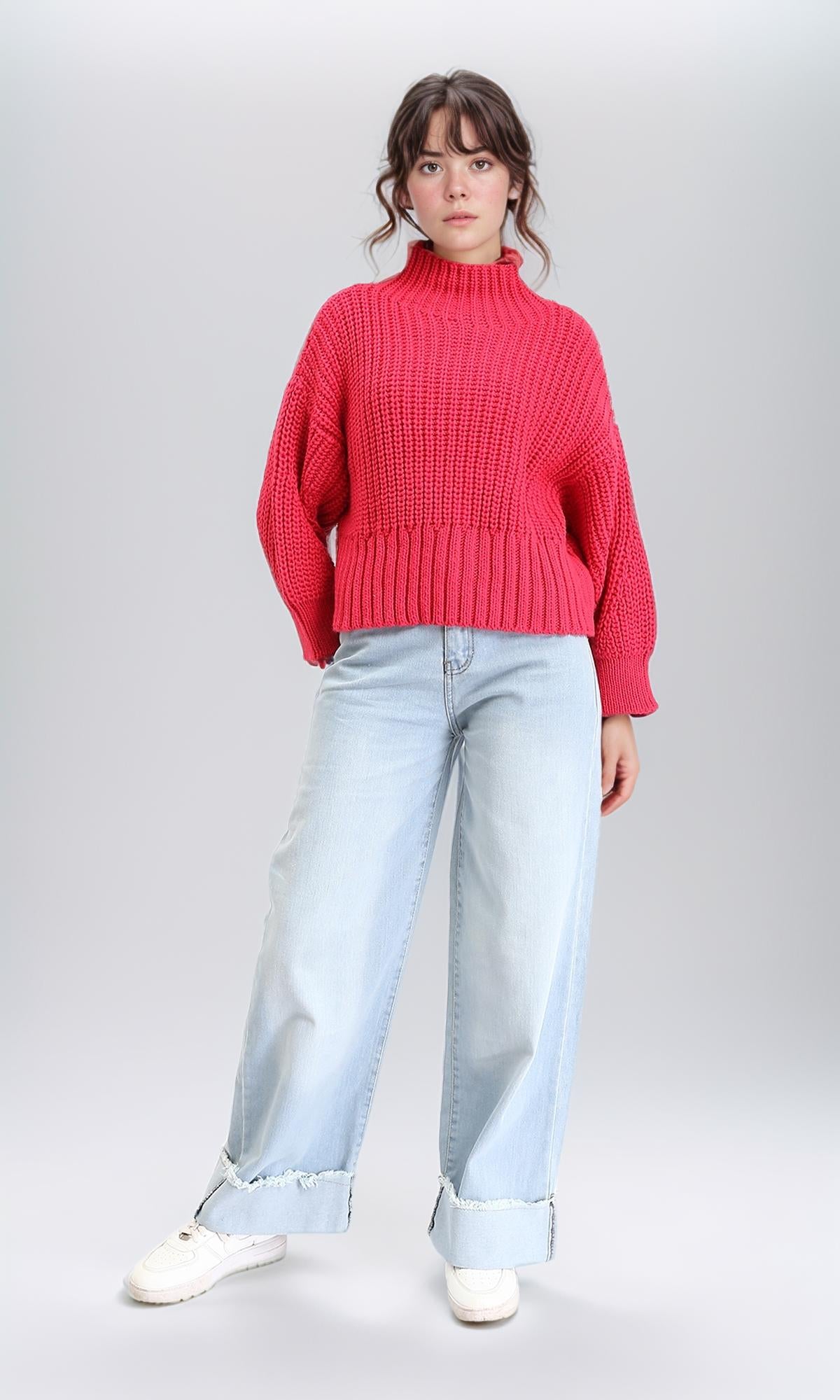 R209877 - High-Neck Chunky Knit Pullover - Fuchsia