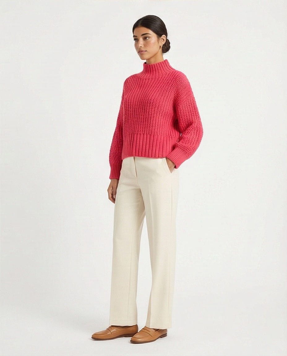 R209877 - High-Neck Chunky Knit Pullover - Fuchsia