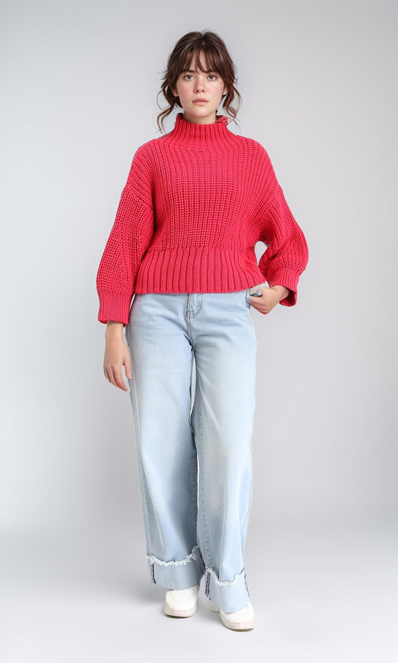 R209877 - High-Neck Chunky Knit Pullover - Fuchsia