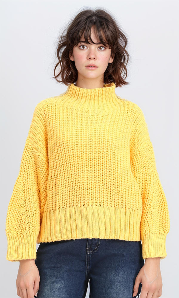R209878 - High-Neck Chunky Knit Pullover - Yellow