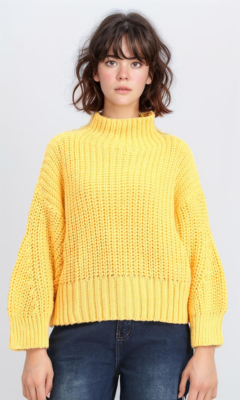 R209878 - High-Neck Chunky Knit Pullover - Yellow