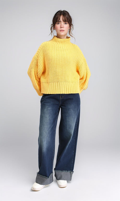 R209878 - High-Neck Chunky Knit Pullover - Yellow