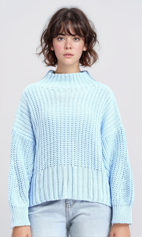 R209879 - High-Neck Chunky Knit Pullover - Sky Blue