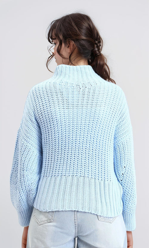 R209879 - High-Neck Chunky Knit Pullover - Sky Blue