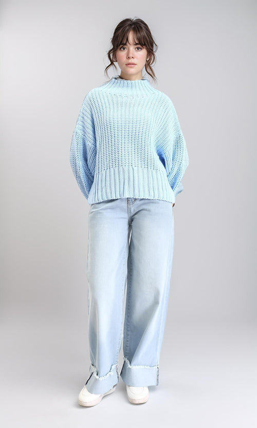 R209879 - High-Neck Chunky Knit Pullover - Sky Blue