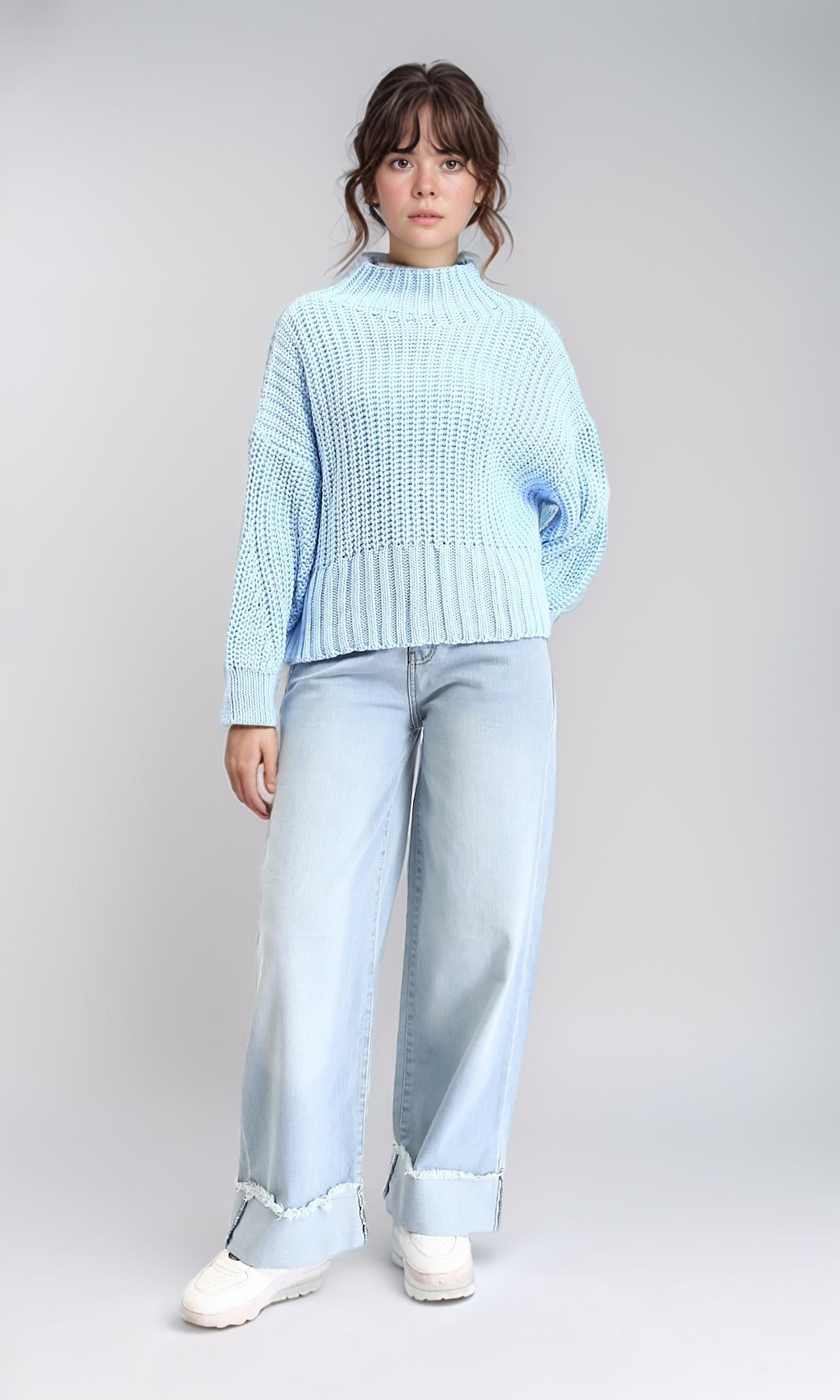 R209879 - High-Neck Chunky Knit Pullover - Sky Blue