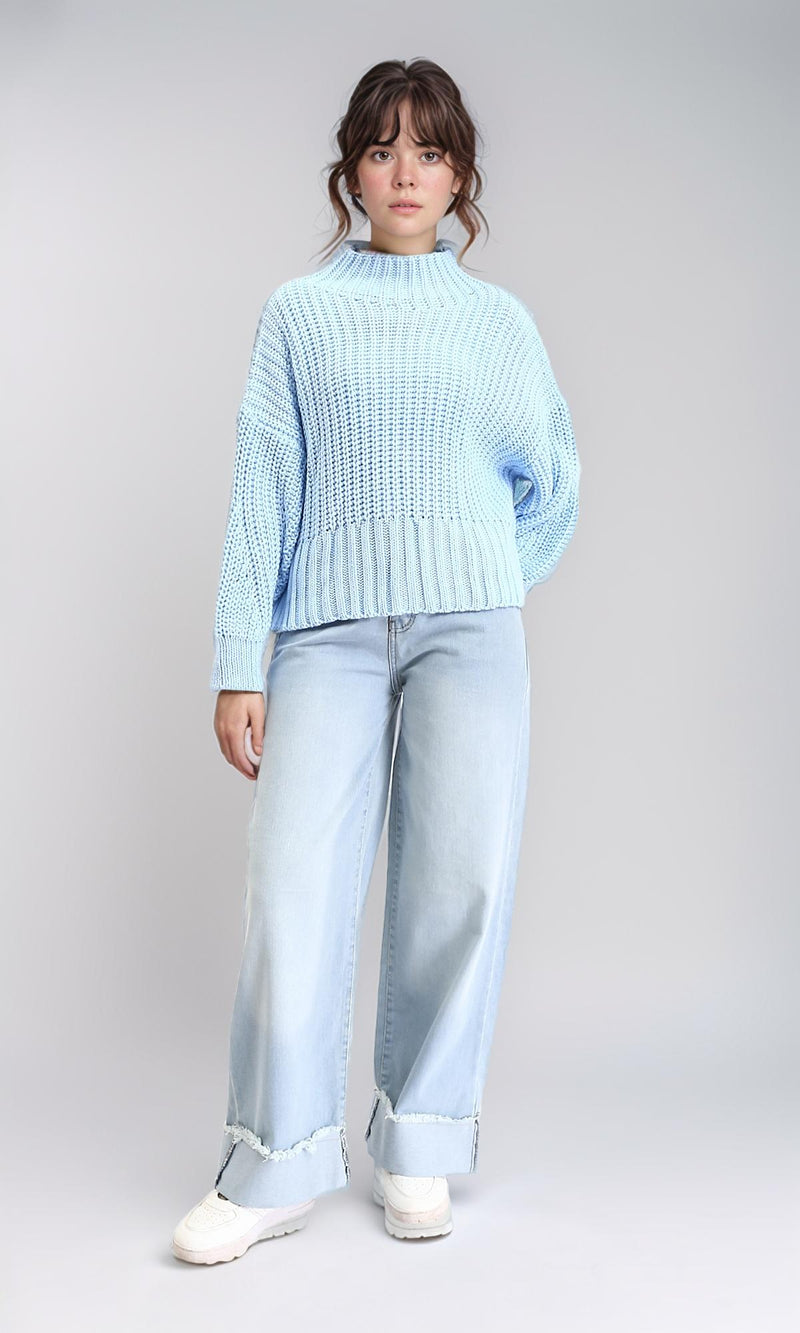 R209879 - High-Neck Chunky Knit Pullover - Sky Blue