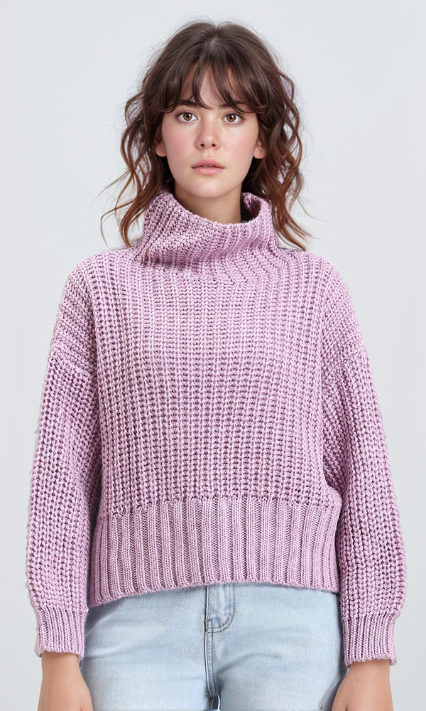 R209880 - Long Sleeves Knitted Pullover with Ribbed Hem - Light Purple