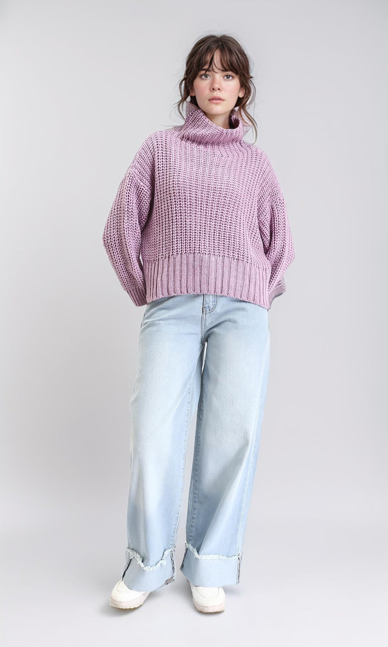 R209880 - Long Sleeves Knitted Pullover with Ribbed Hem - Light Purple