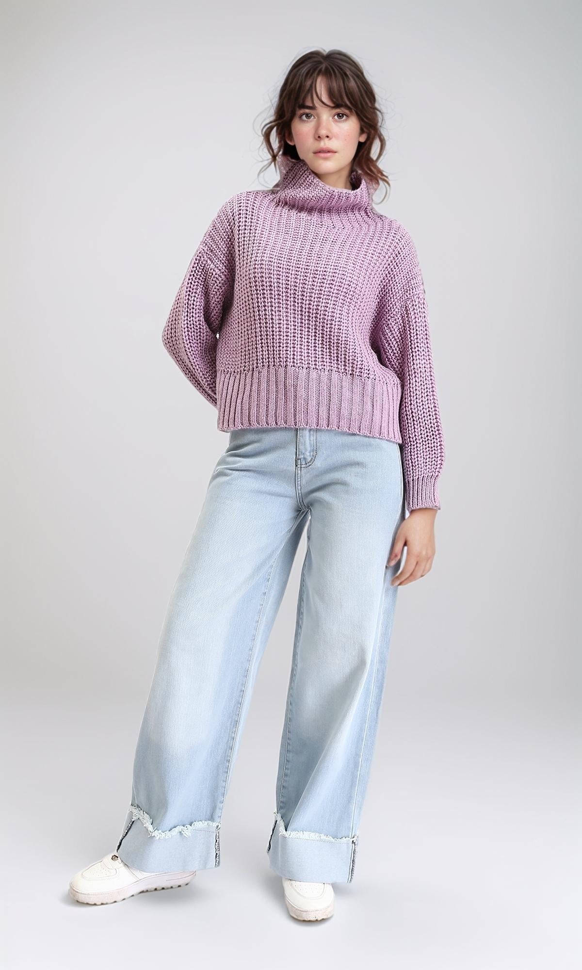 R209880 - Long Sleeves Knitted Pullover with Ribbed Hem - Light Purple