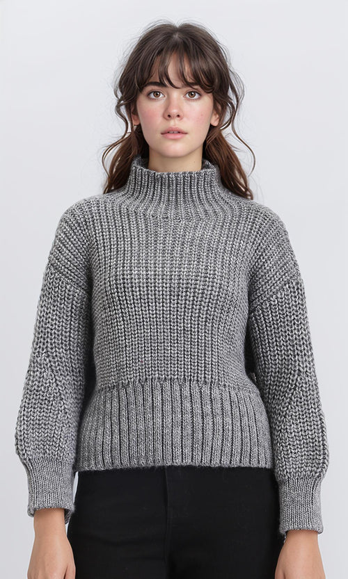 R209881 - Long Sleeves Knitted Pullover with Ribbed Hem - Dark Grey