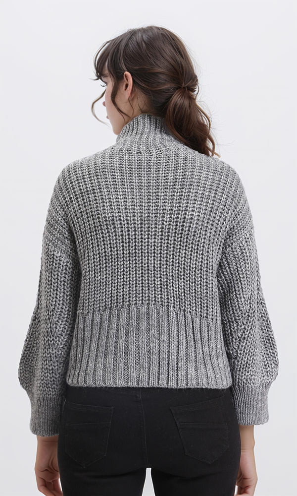 R209881 - Long Sleeves Knitted Pullover with Ribbed Hem - Dark Grey