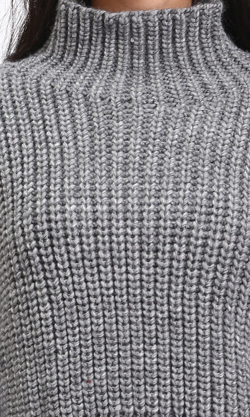 R209881 - Long Sleeves Knitted Pullover with Ribbed Hem - Dark Grey