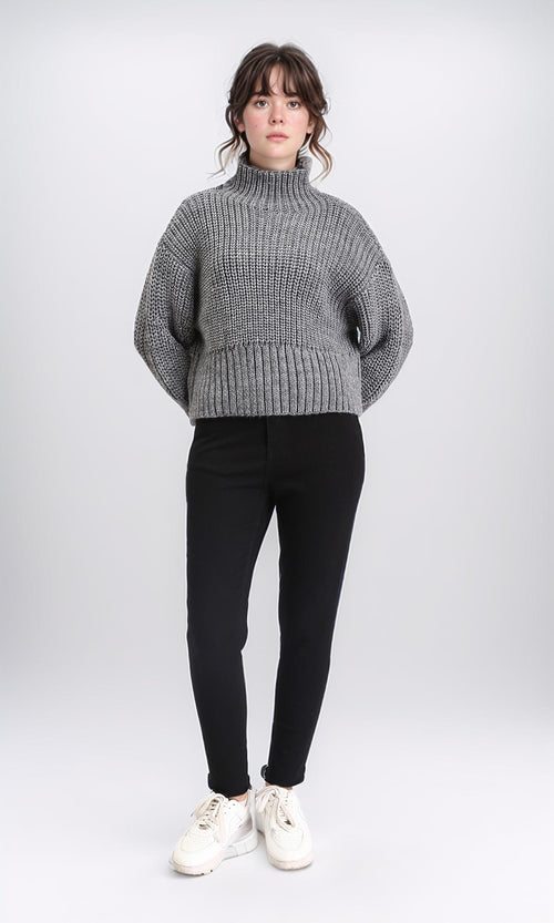 R209881 - Long Sleeves Knitted Pullover with Ribbed Hem - Dark Grey