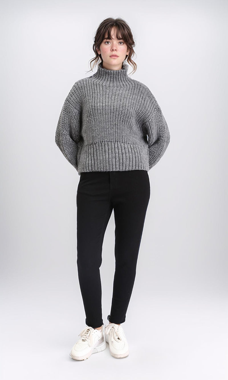R209881 - Long Sleeves Knitted Pullover with Ribbed Hem - Dark Grey