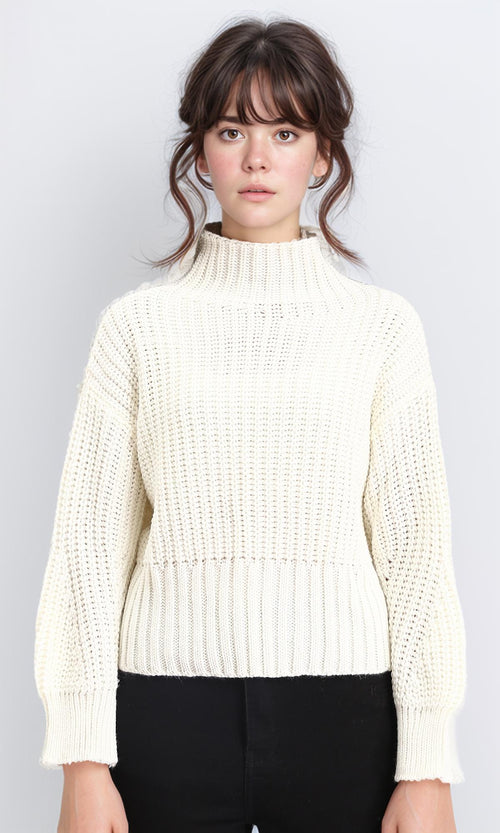R209882 - Long Sleeves Knitted Pullover with Ribbed Hem - Off-White
