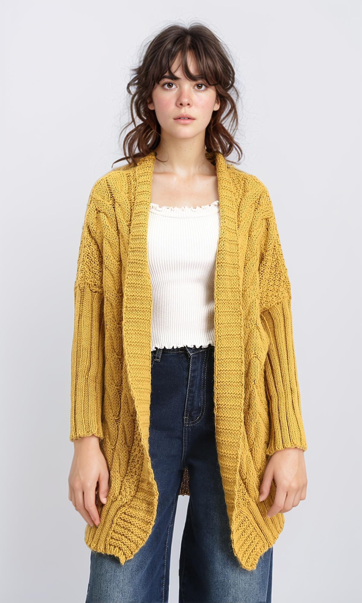 Open Neckline Regular Fit Cardigan - Mustard