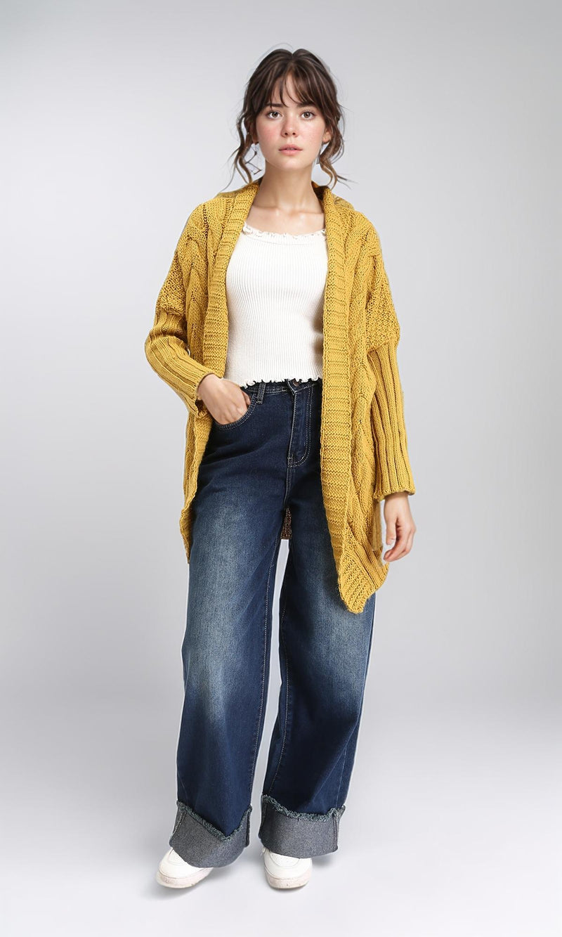 R209883 - Open Neckline Regular Fit Cardigan - Mustard