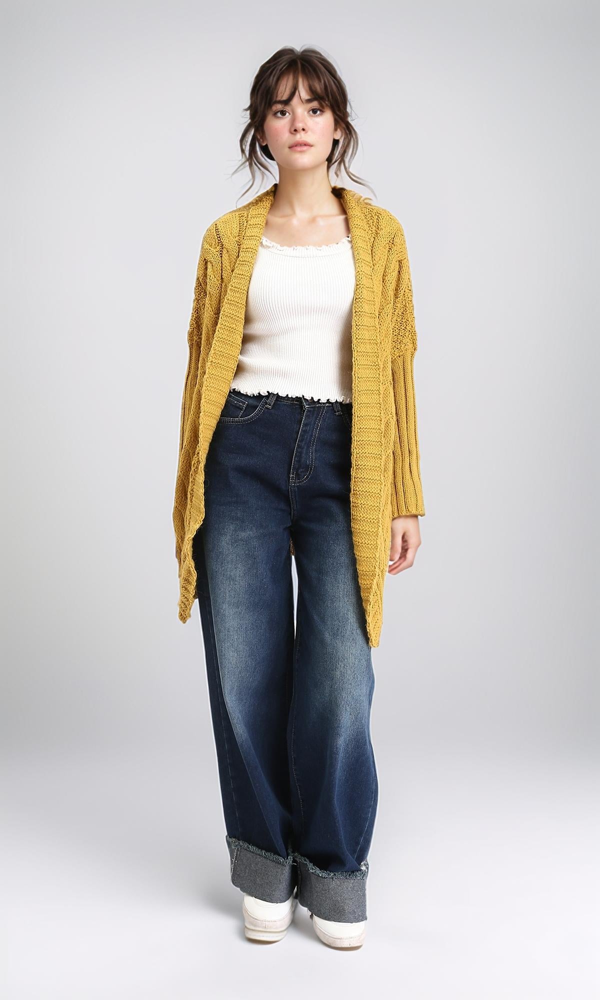 R209883 - Open Neckline Regular Fit Cardigan - Mustard