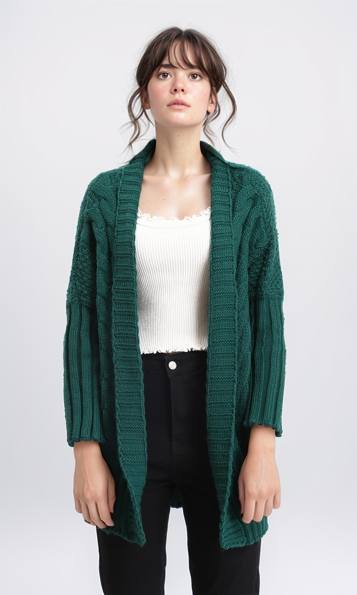 Open Neckline Regular Fit Cardigan - Dark Green