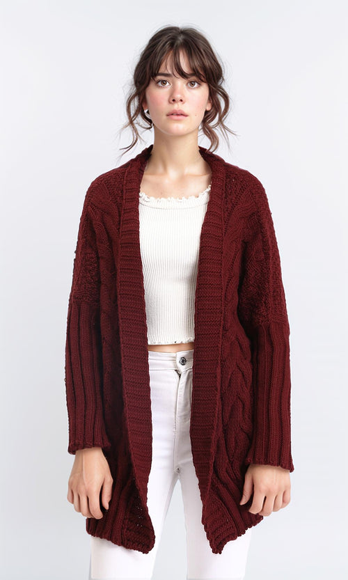 R209885 - Open Neckline Regular Fit Cardigan - Burgundy