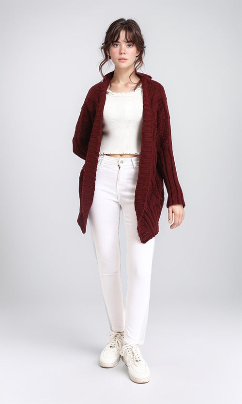 R209885 - Open Neckline Regular Fit Cardigan - Burgundy
