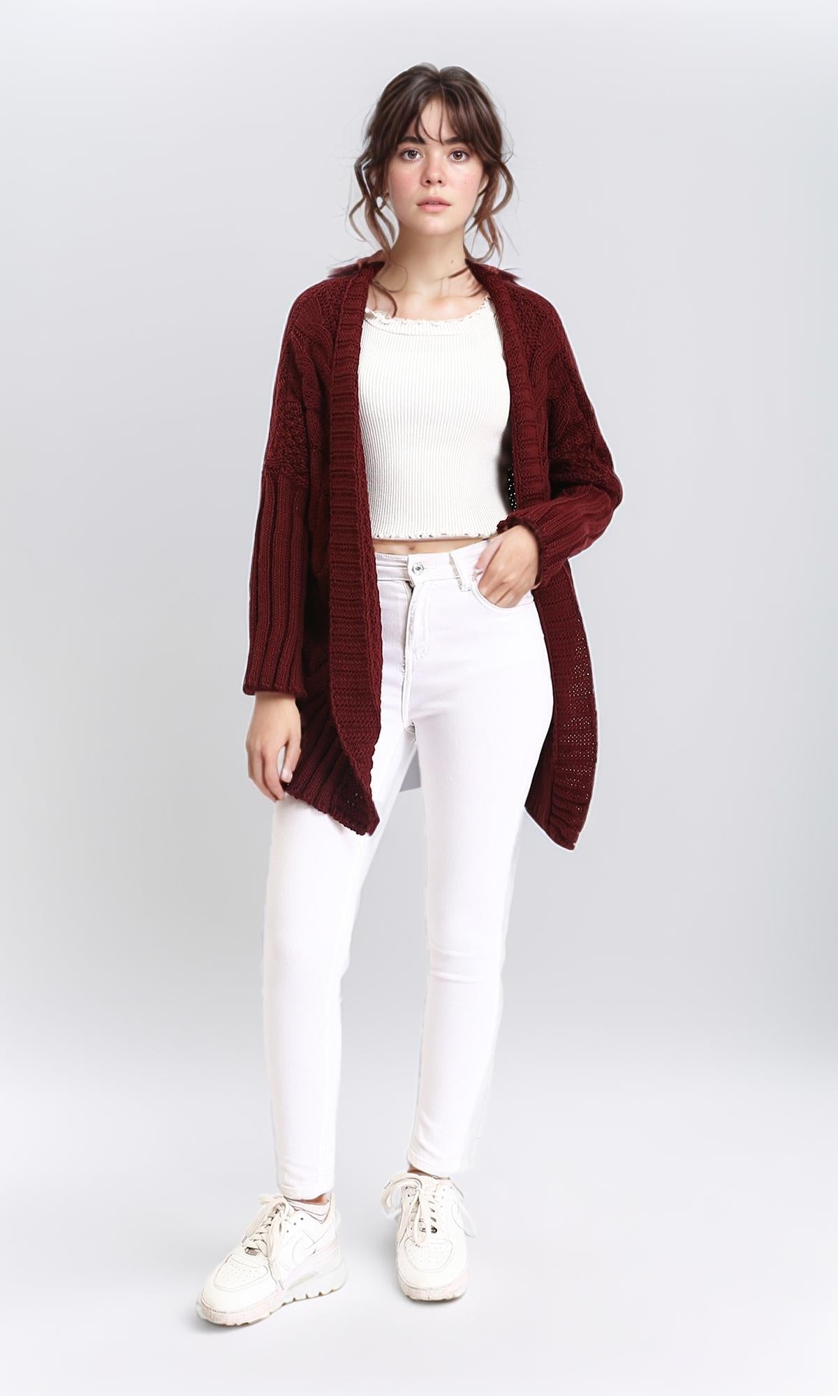 R209885 - Open Neckline Regular Fit Cardigan - Burgundy
