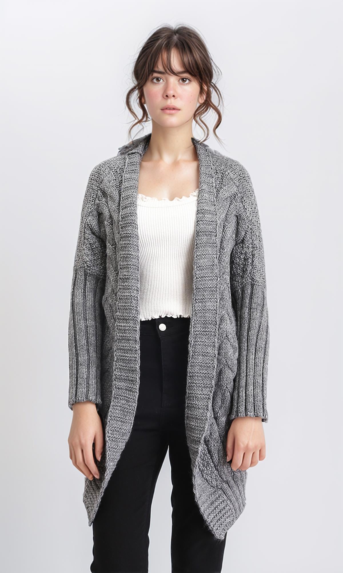 Open Neckline Regular Fit Cardigan - Medium Grey
