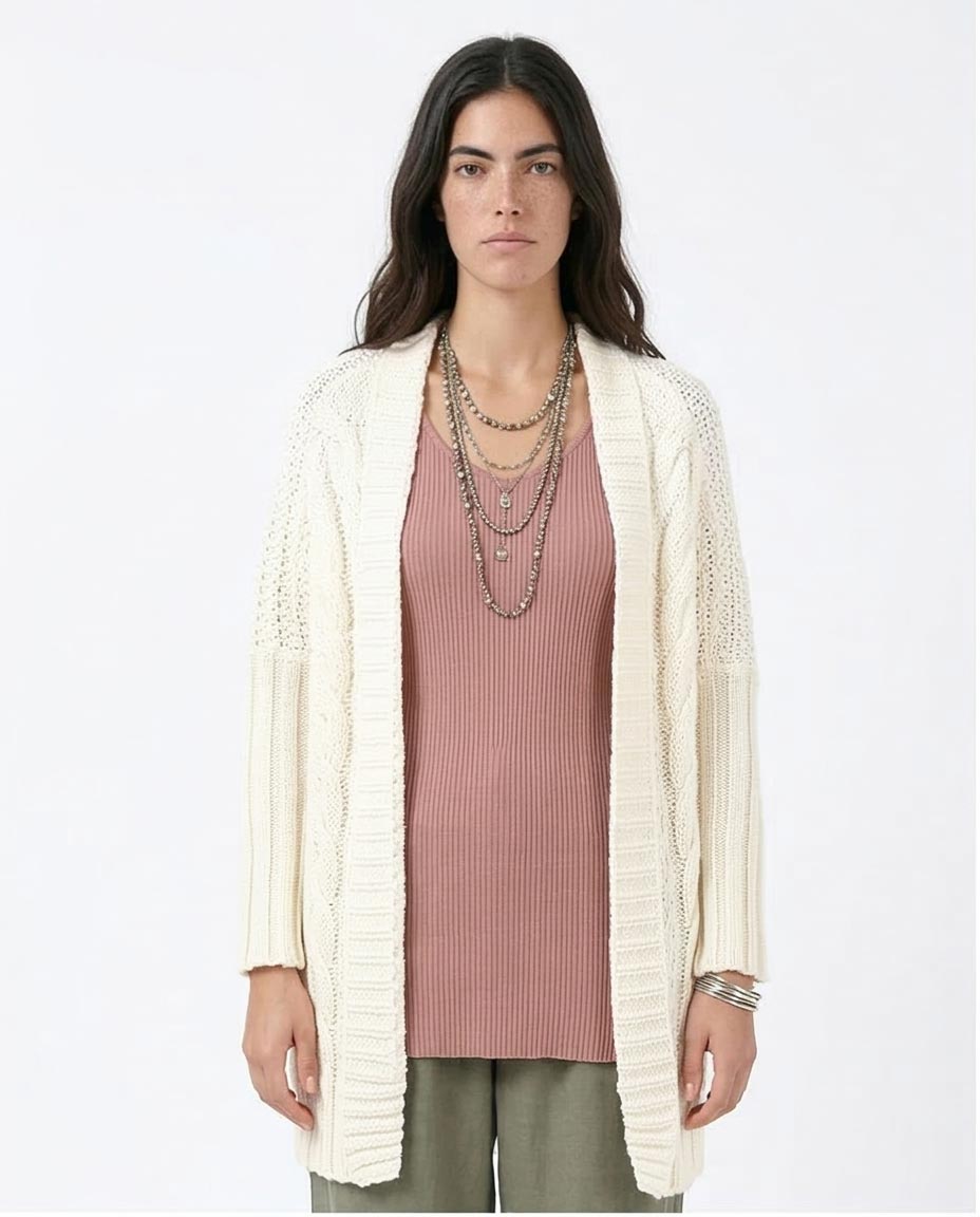 Women's Mixed-Stitch Open-Front Long Cardigan - Off-White