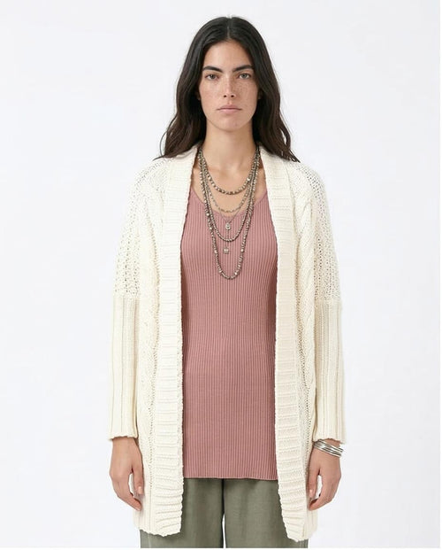 Women's Mixed-Stitch Open-Front Long Cardigan - Off-White