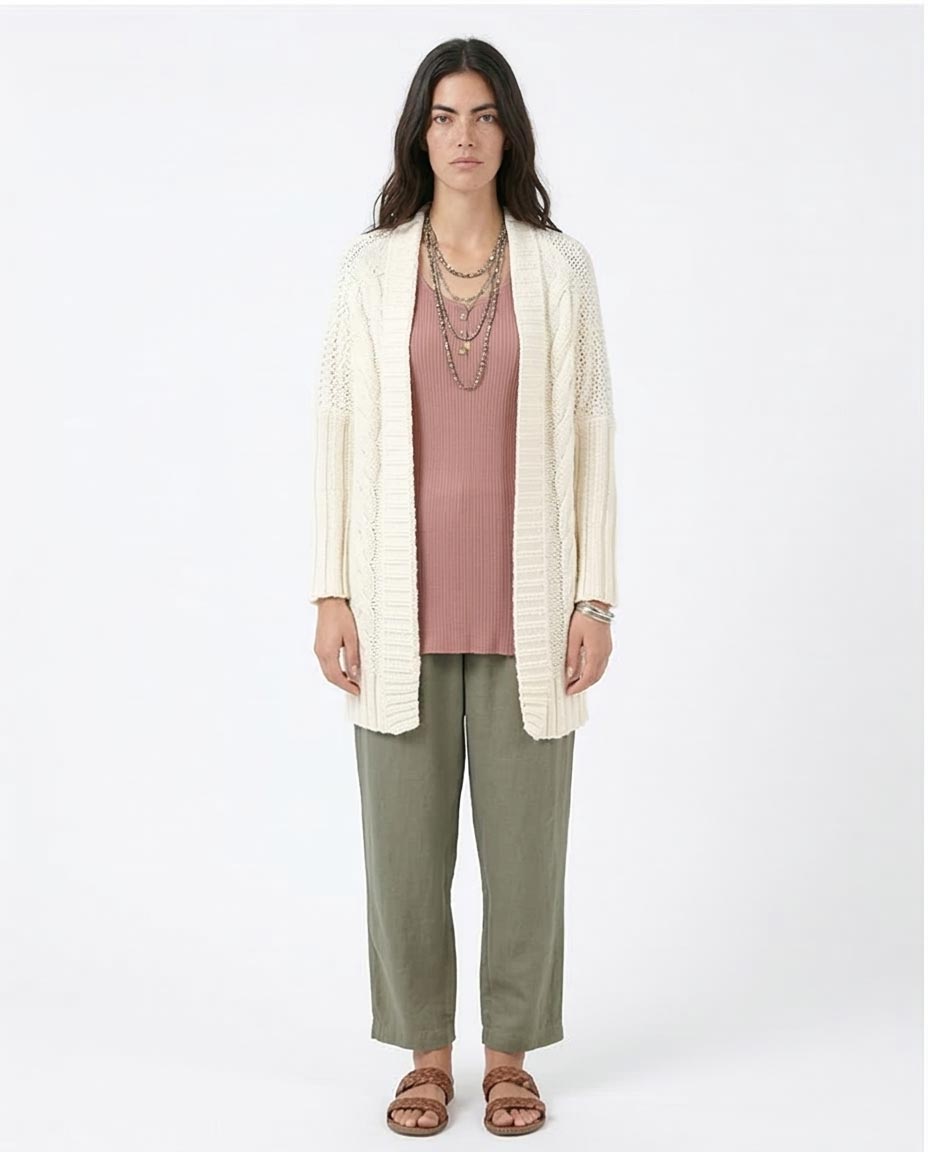 Ravin Women's Mixed-Stitch Open-Front Long Cardigan - Off-White - R209887
