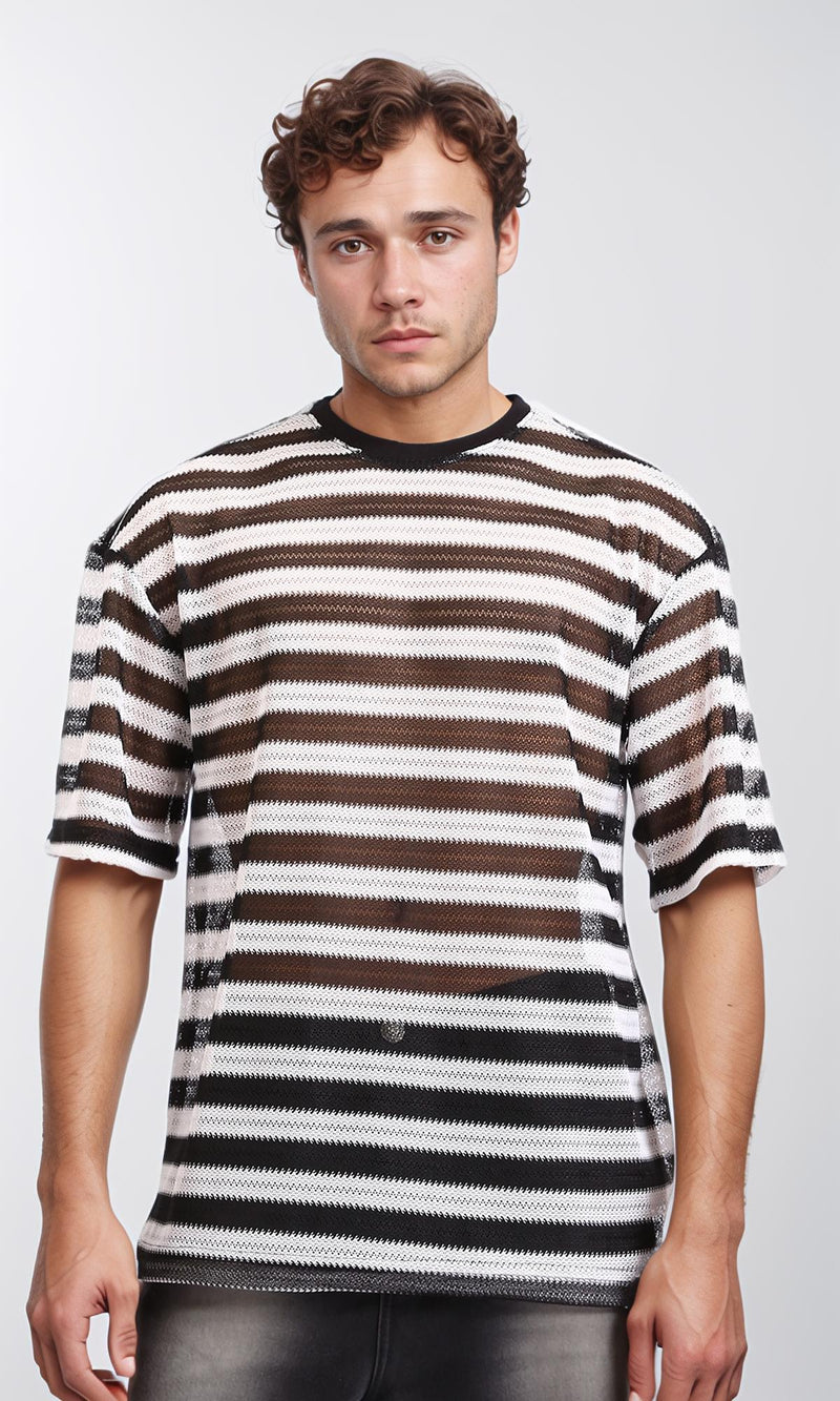 R209918 - Sheer Striped Slip On Tee - Black & White