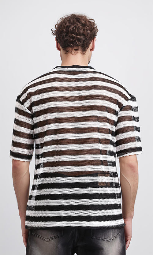 R209918 - Sheer Striped Slip On Tee - Black & White