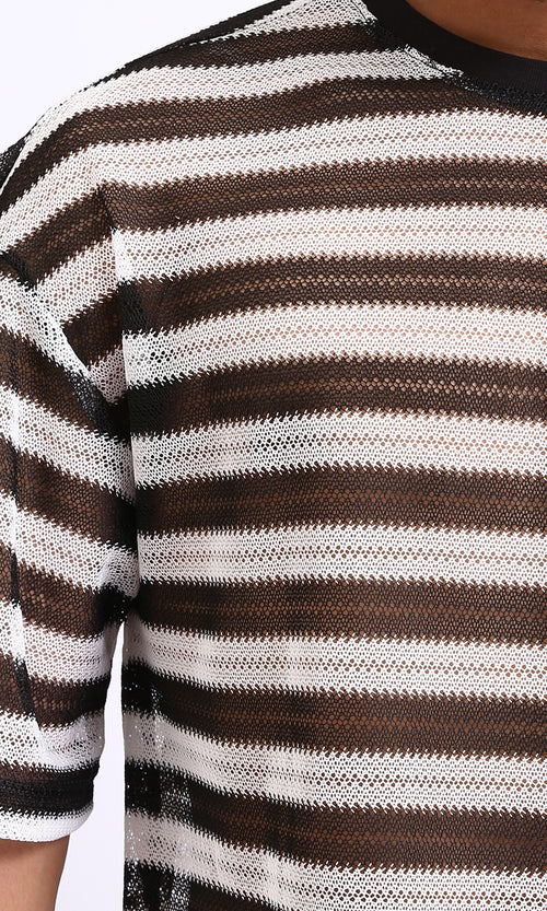 R209918 - Sheer Striped Slip On Tee - Black & White