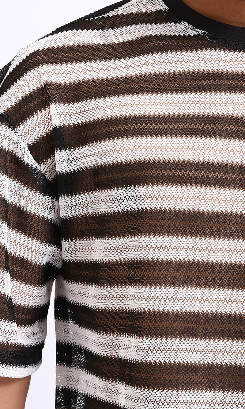 R209918 - Sheer Striped Slip On Tee - Black & White