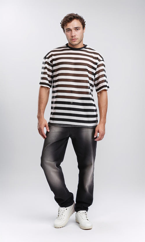 R209918 - Sheer Striped Slip On Tee - Black & White