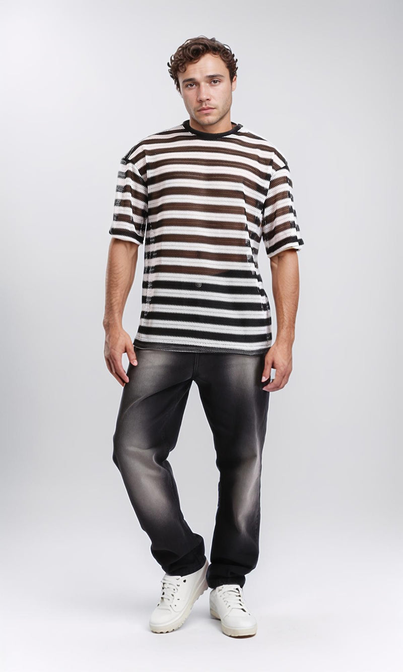 R209918 - Sheer Striped Slip On Tee - Black & White