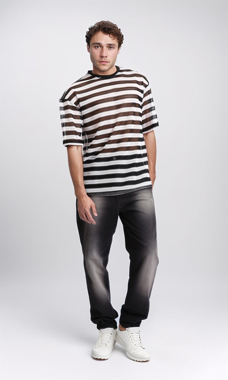 R209918 - Sheer Striped Slip On Tee - Black & White