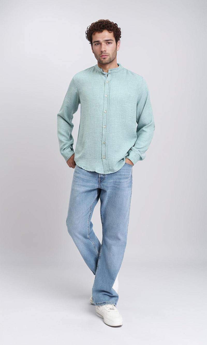 R209919 - Band Collar Textured Shirt - Mint Green